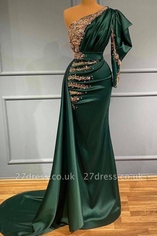 Charming One Shoulder Satin Mermaid Evening Dress with Gold Beadings Embellishments