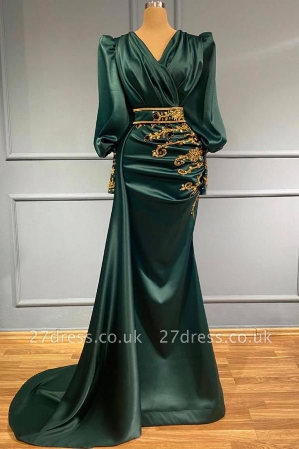 Elegant Puffy Long Sleeves Satin Mermaid Evening Formal Dress with Gold Rhinestone Embellishments