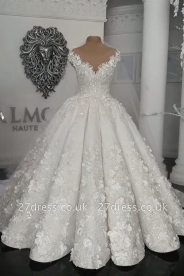 Gorgeous Ball Gown Wedding Dresses UK Off-the-Shoulder Floral Beads Bridal Gowns