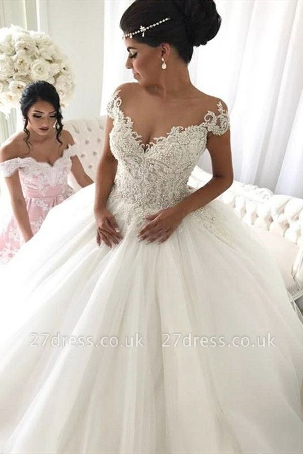 Elegant Ball Gown Sleeveless Wedding Dresses UK Off-the-Shoulder  V-Neck Bridal Gowns