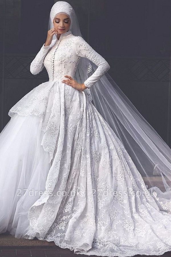 Elegant High Neck Wedding Dresses UK Lace Long Sleeves Muslim Bridal Gowns