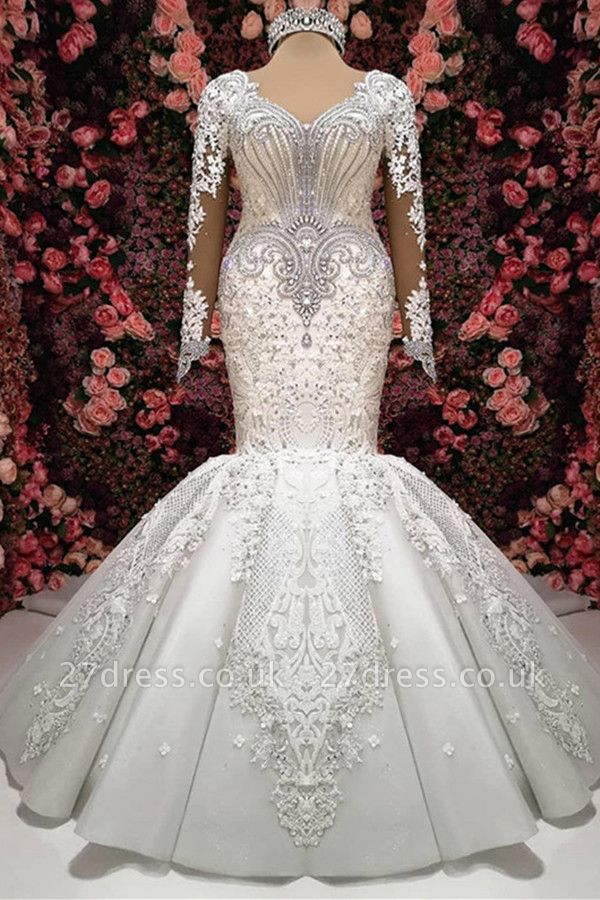Glamorous Crystals Sexy Mermaid Bridal Gowns Long Sleeves  Wedding Dresses UK