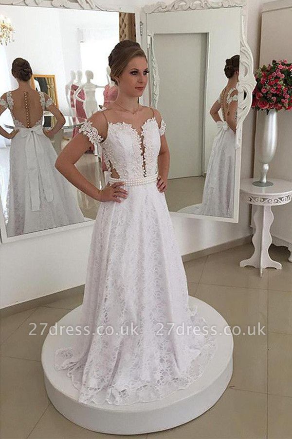 Lace Short Sleeves A-Line Sweep Train Scoop Neckline Wedding Dresses UK