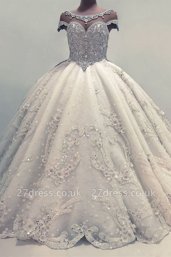 Glamorous Ball Gown Wedding Dresses UK Shiny Crystals Bridal Gowns with Flowers