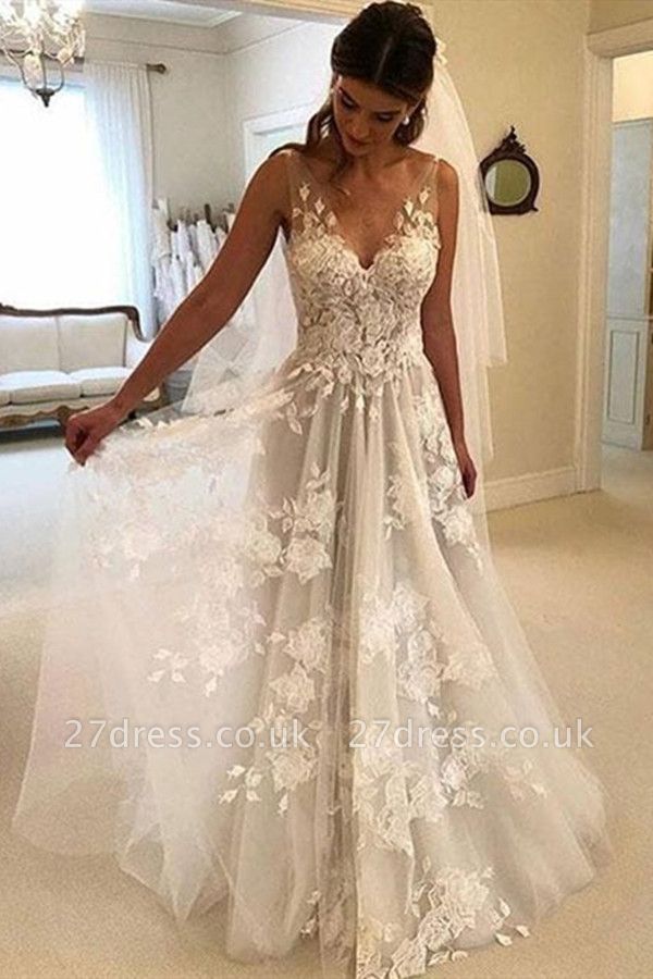 V-Neck Princess Wedding Dresses UK | Bridal Gowns With Appliques