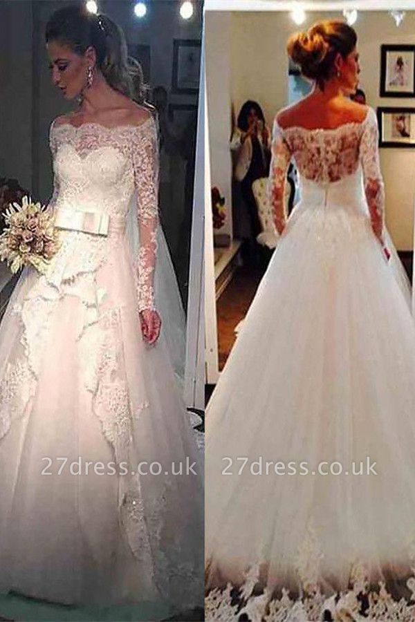 Long Sleeves Sweep Train Ball Gown Off-the-Shoulder Tulle Wedding Dresses UK