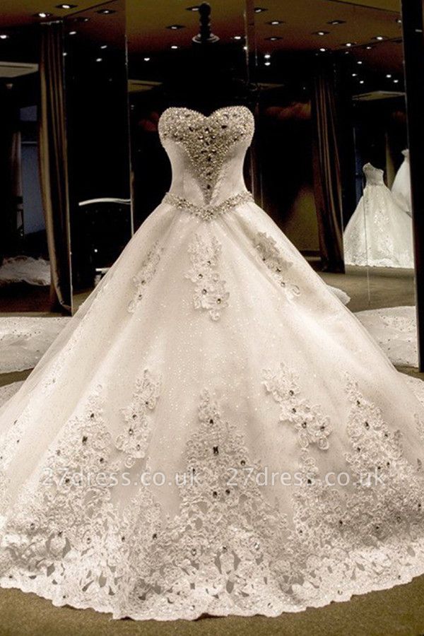 Sleeveless Applique Sequin Sweetheart Ball Gown Cathedral Train Tulle Wedding Dresses UK