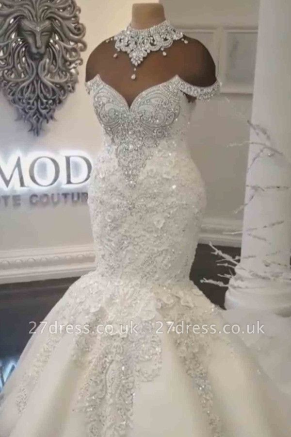 Glamorous Crystals  Sexy Mermaid Wedding Dresses UK | Off-the-Shoulder Appliques Bridal Gowns
