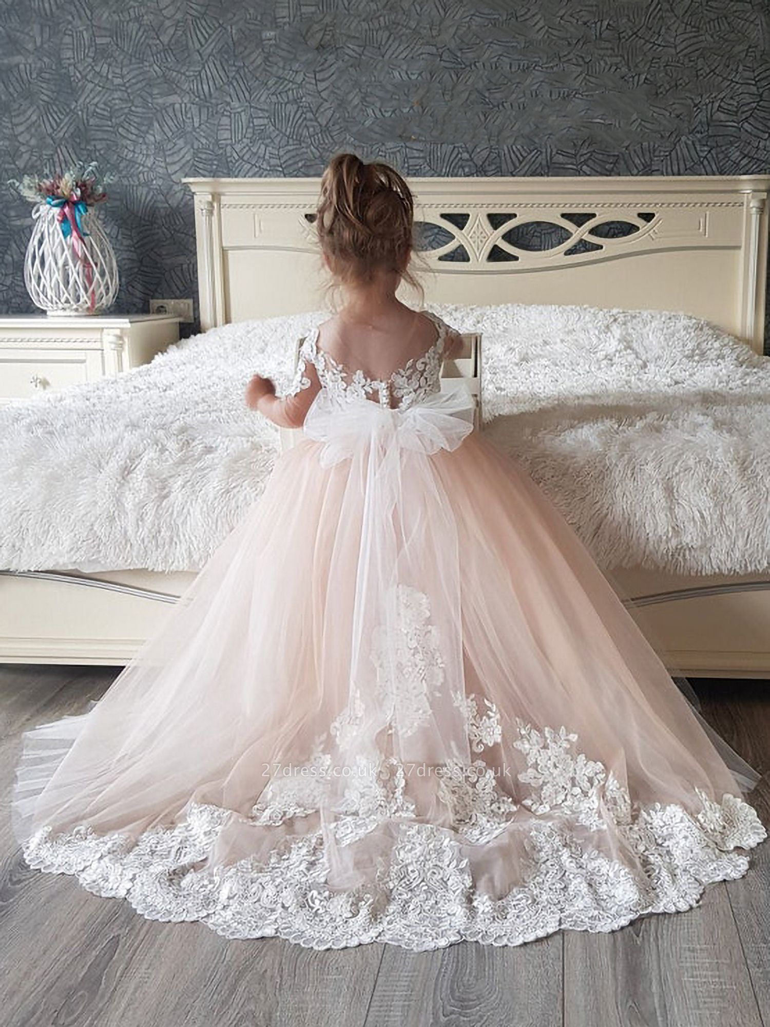Cute Tulle Lace Wedding Flower Girl Dresses with Sleeves Little Girl Dress