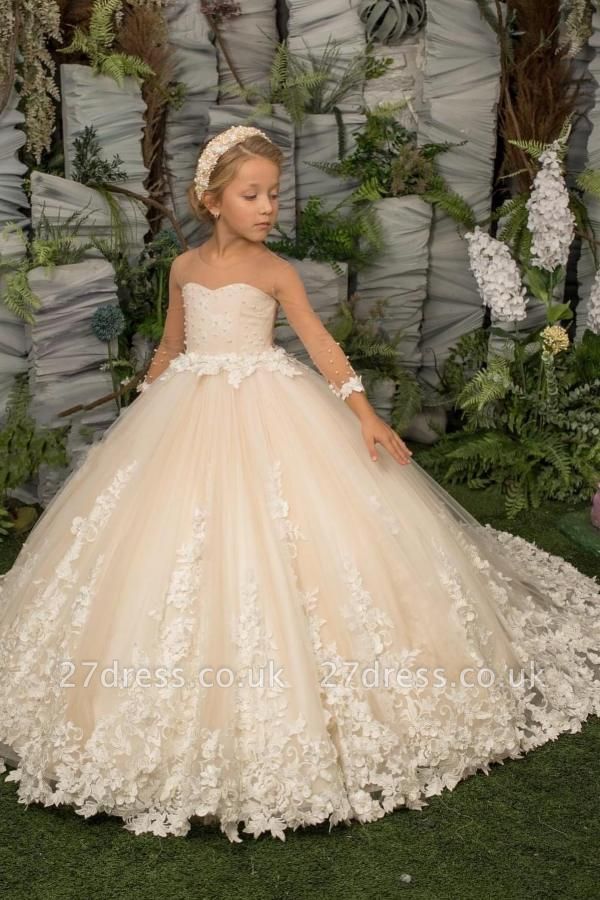 Long Sleeves Tulle Flower Girl Dress Princess Little Girl Dress