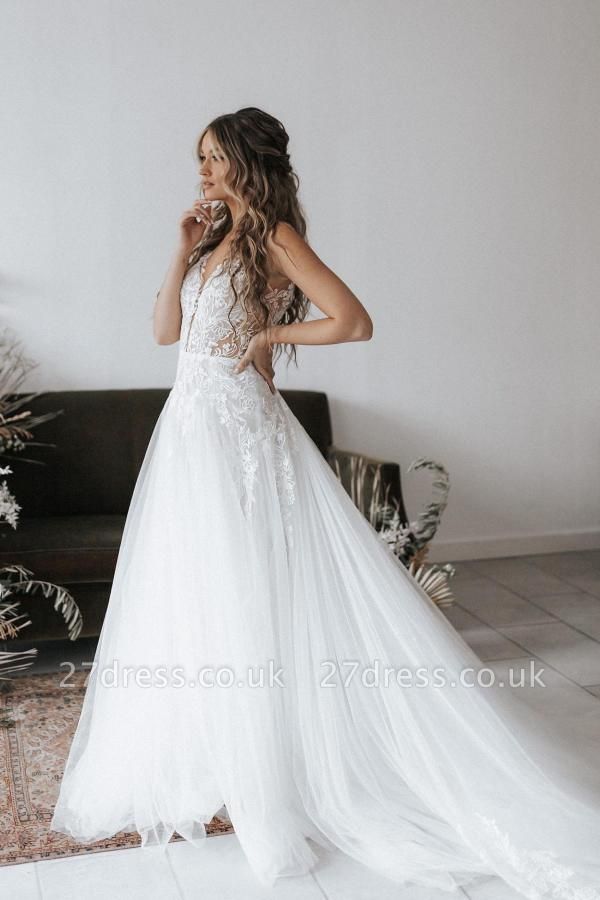 Elegant Sleeveless Wedding Dress V-Neck Aline Floral Lace Bridal Dress