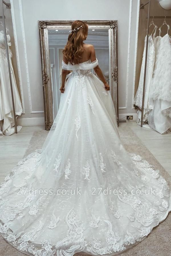 Off-the-Shoulder White Tulle Wedding Gown Deep V-Neck Bridal Dress