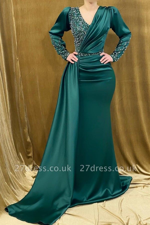 Dark Green Long Sleeves Ruched Satin Mermaid Evening Dress Beadings V-Neck Formal Dress