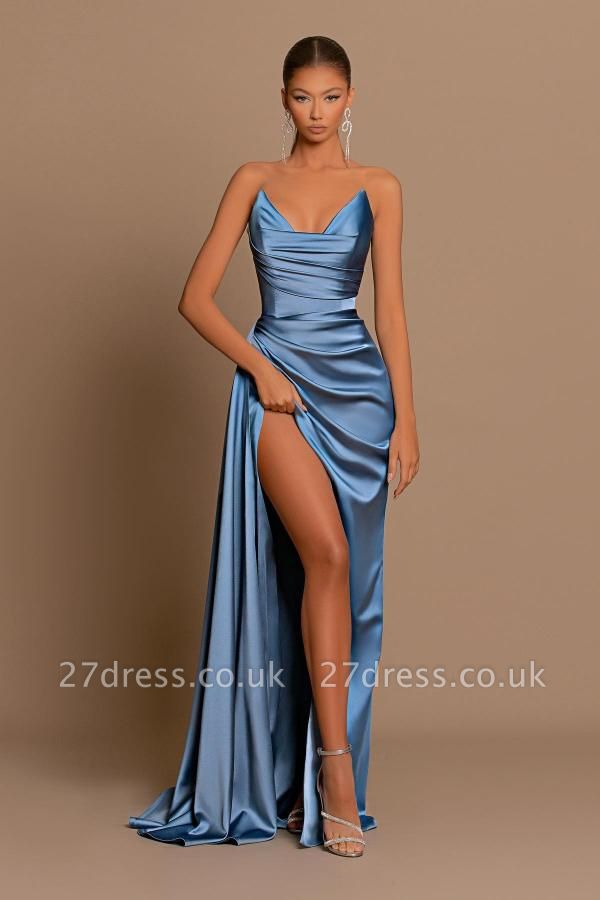 Stunning Duesty Blue Ruched Satin Long Prom Dress Strapless V-Neck Side Split Evening Party Wear Dress