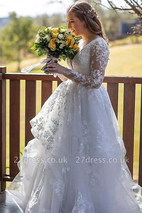 Elegant Long Sleeves A-line Wedding Dress Deep V-Neck Puffy Layers Lace Bridal Dress