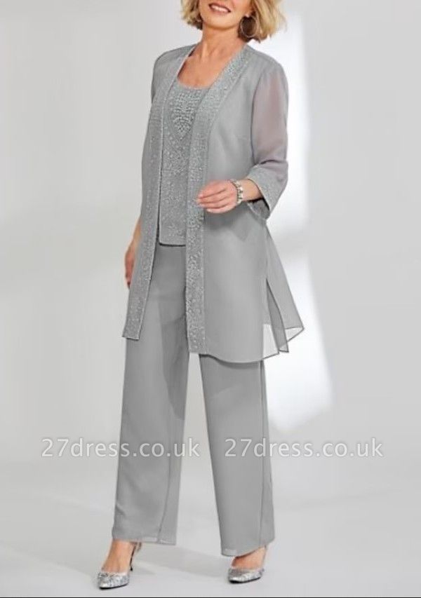 Long Sleeves Silm Silver Mother of the Bride Wear JumpSuit 3 Pieces