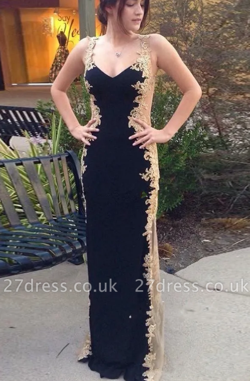 Charming Sleeveless V-Neck Slim Mermaid Prom Dress with Gold Appliques