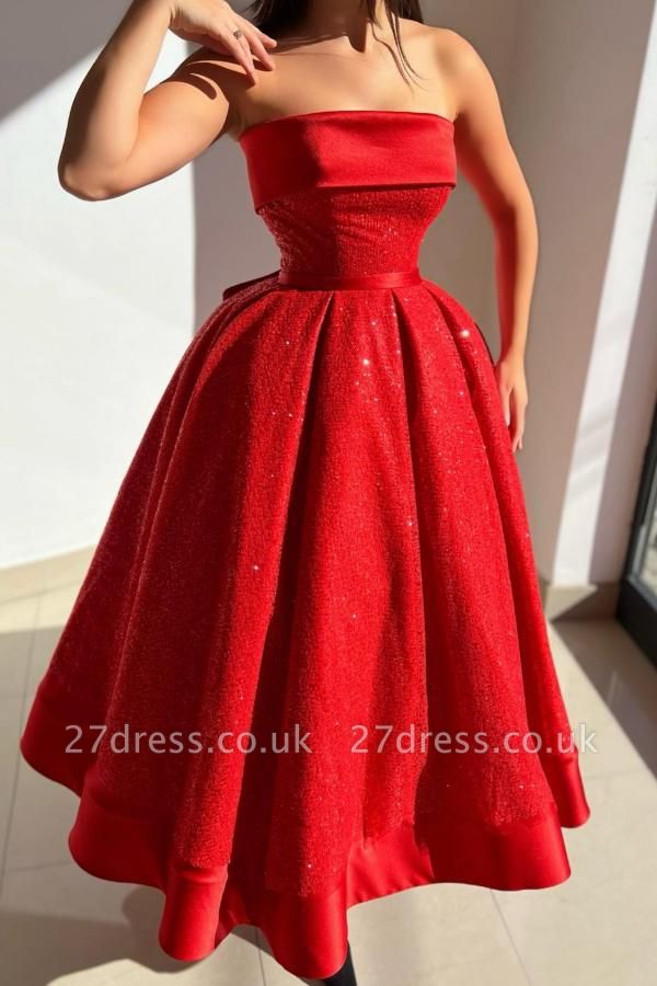 Strapless Red Glitter Satin Ankle Length Party Dress with Bowknot