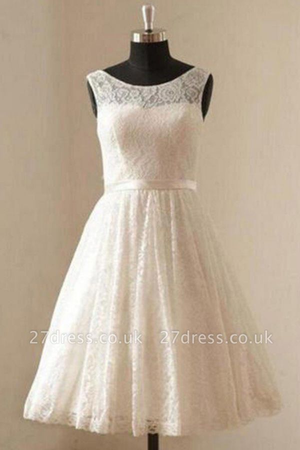 Knee-Length A-Line Sleeveless Scoop Neckline Ribbon Lace Wedding Dresses UK