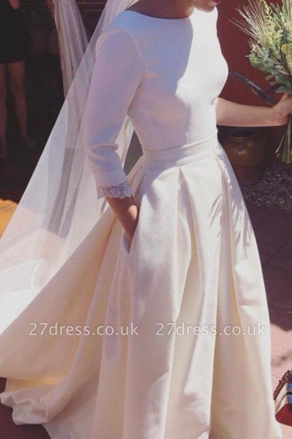 Sweep Train Ruffles A-Line Scoop Neckline Satin 3/4 Sleeves Wedding Dresses UK