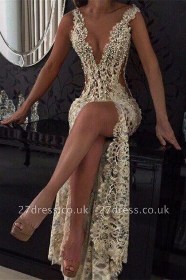 Elegant V-Neck Sleeveless Prom Dress UKes UK Lace Slit Beadings BA2786