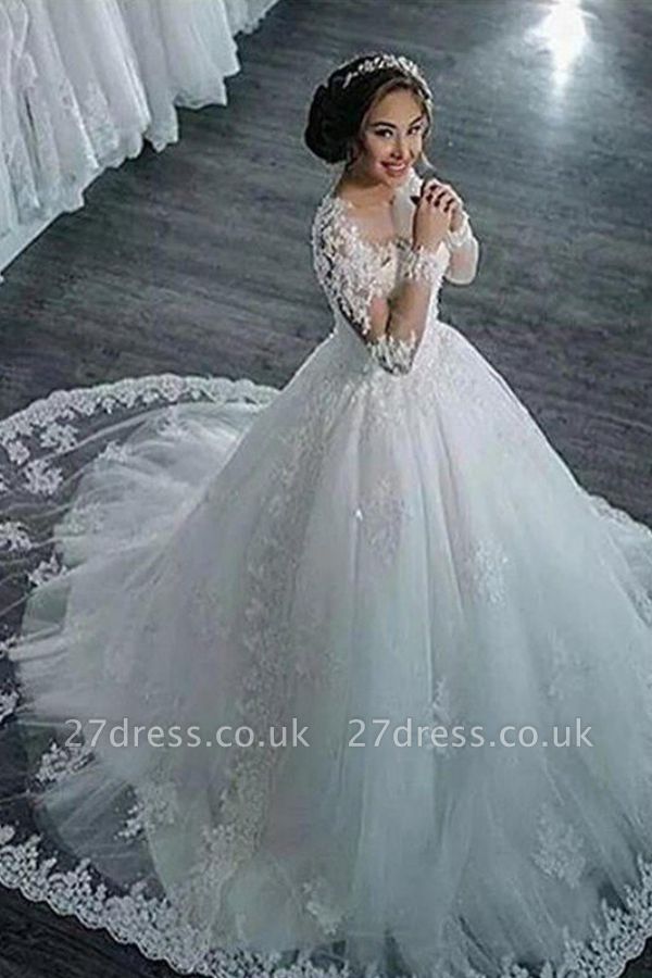 Scoop Neckline Applique Long Sleeves Ball Gown  Tulle Wedding Dresses UK