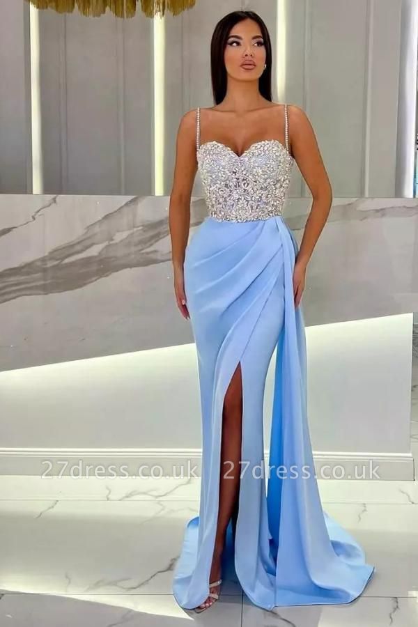 Charming Sweetheart Crystals Mermaid Prom Dress Sleeveless Satin Side Slit Party Dress with Straps