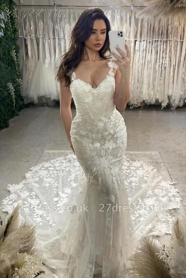 Gorgeous Sweetheart Tulle Lace Mermaid Wedding Dresses with Floral Appliques