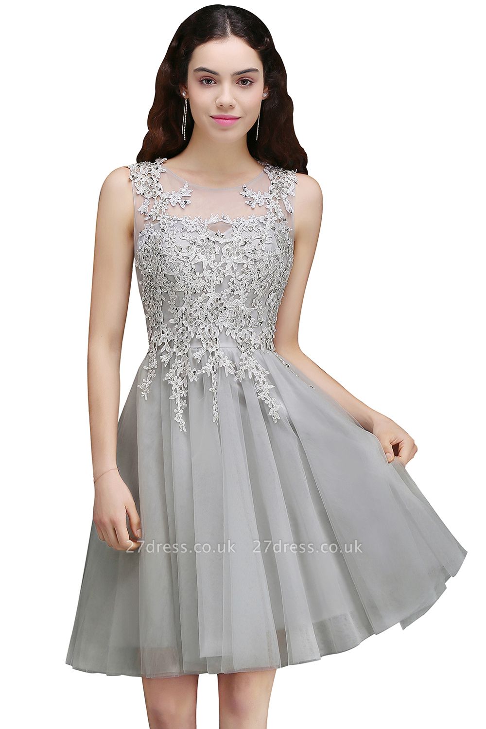 Silver Tulle Short A-Line Sleeveless Appliques Homecoming Dress UK