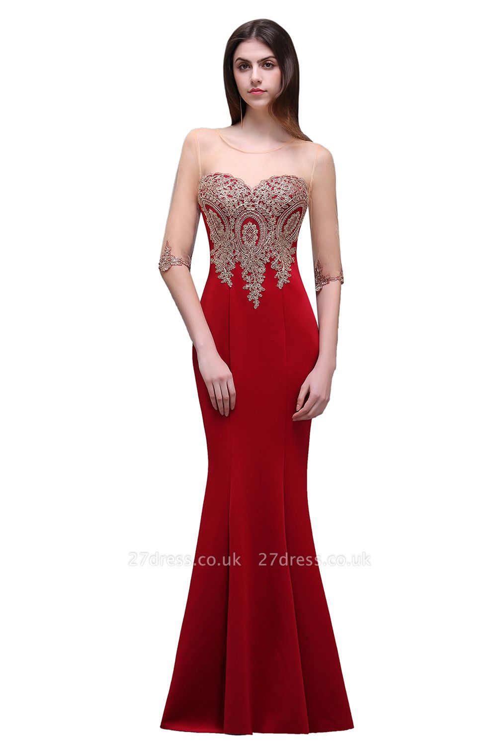 BELLA | Sheath Round Neck Floor-Length Burgundy Prom Dresses With Applique