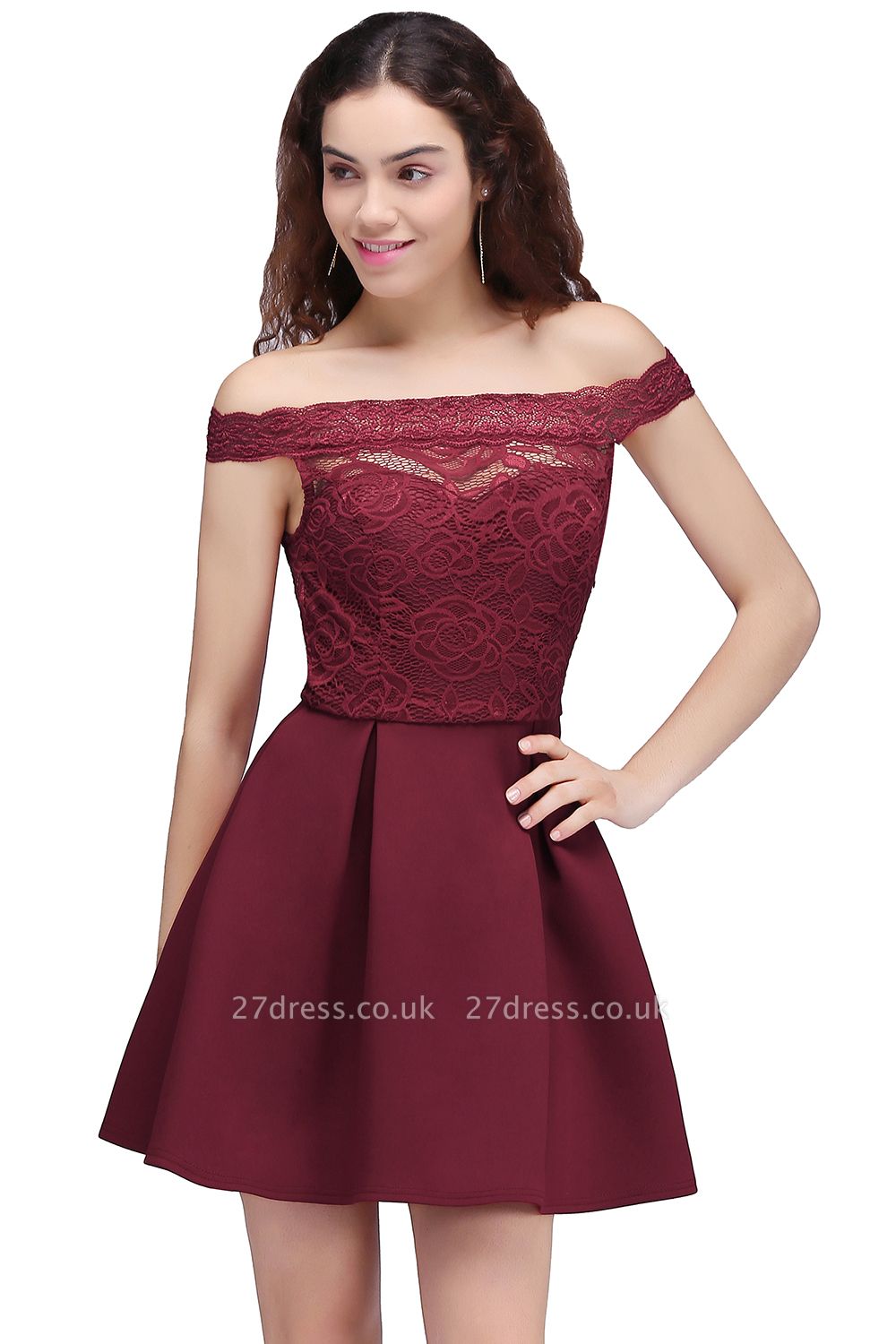Burgundy Lace A-Line Short Off-the-Shoulder Homecoming Dress UKes UK