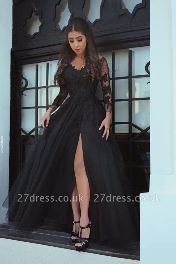 Slit Gorgeous Lace Black Long-Sleeve Evening Dress UK