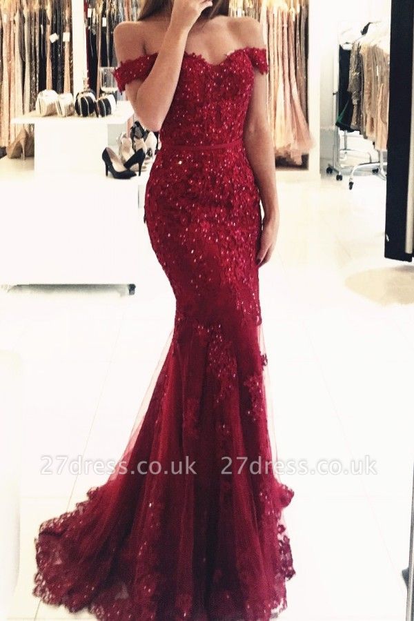 Appliques Off-the-shoulder Red Lace Gorgeous Mermaid Evening Dress UK