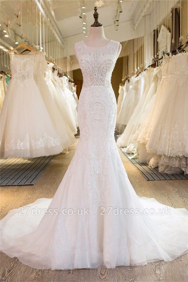 Sleeveless Newest Tulle Beadss Appliques Sexy Mermaid Wedding Dress
