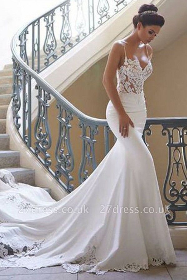 Spaghetti Strap Wedding Dress Sexy Mermaid  Lace Bridal Gown