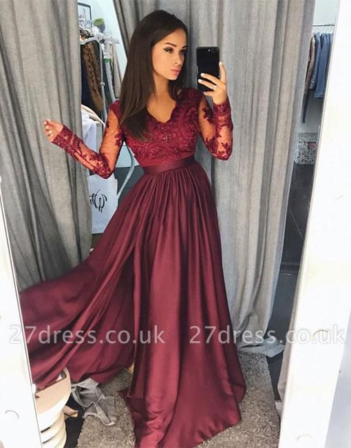 Maroon Burgundy Long Sleeve Prom Dress UK Lace With Split