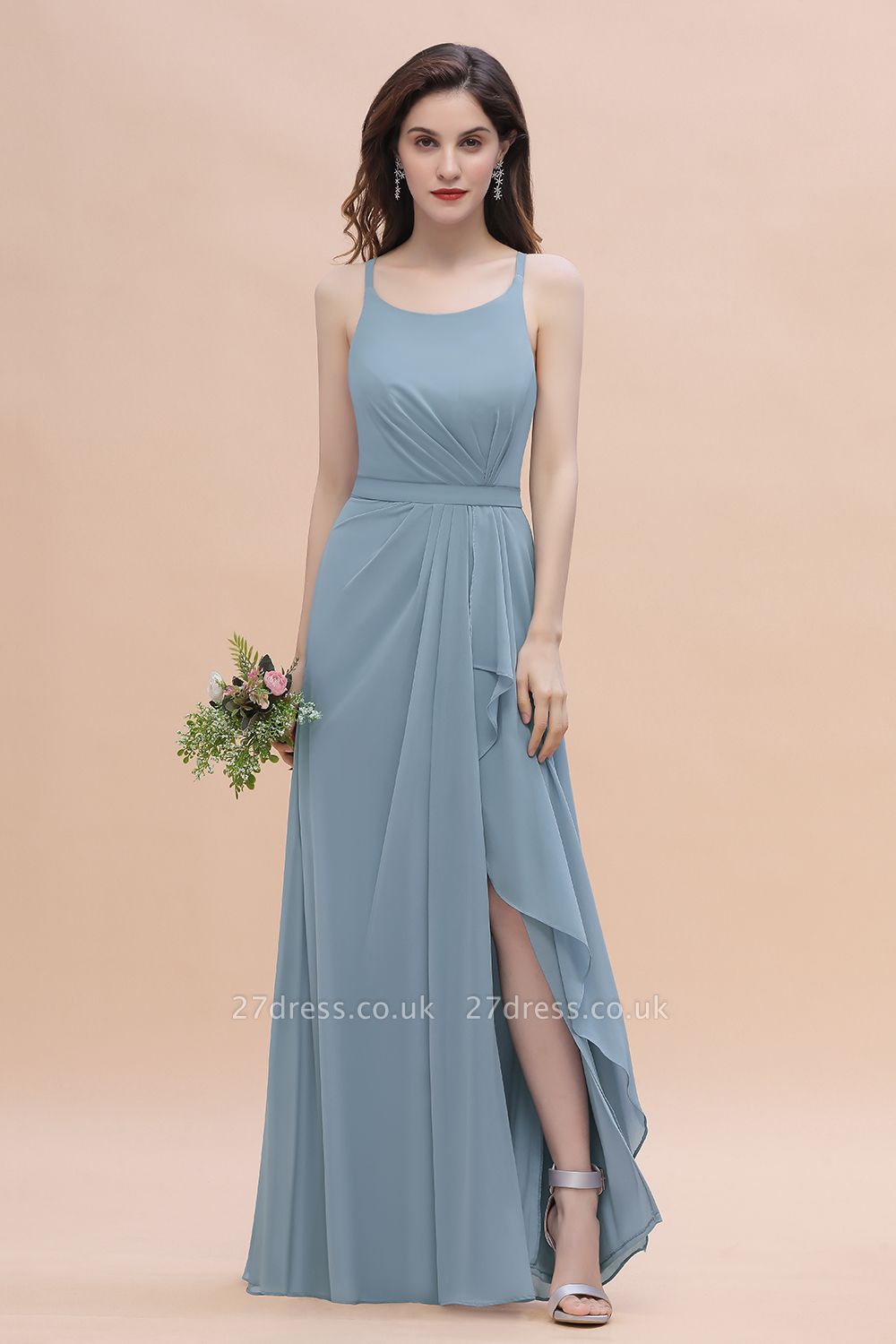 Gorgeous Dusty Blue Chiffon Bridesmaid Dress with Side Slit