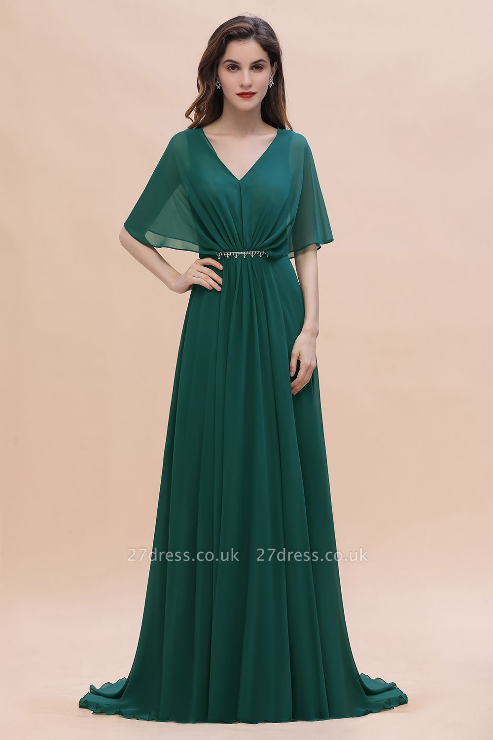 Elegant Puffy Sleeves Dark Green Long Bridesmaid Dress V-neck Chiffon Wedding Guest Dress