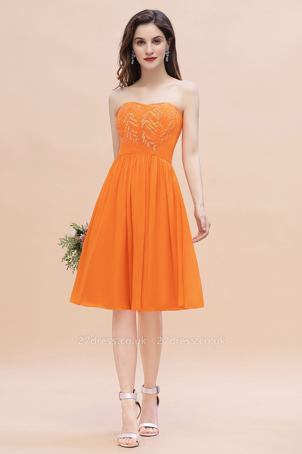 Pretty Strapless Orange Short Bridesmaid Dresses Knee Length Wedding Party Dress