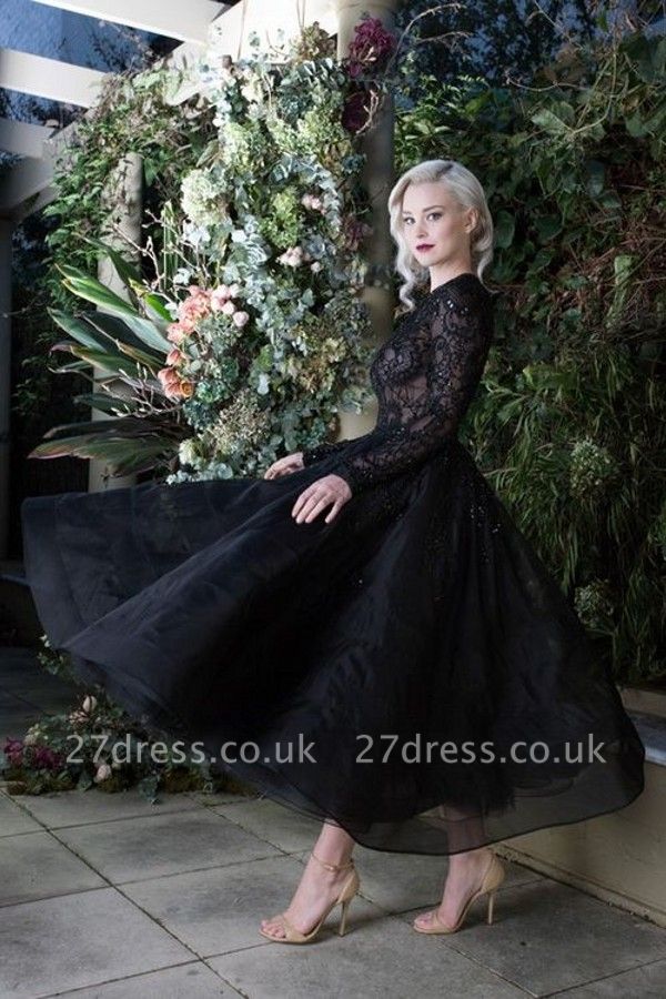 Black Jewel Ankle Length Wedding Dress with Sleeves Lace Formal Dresses