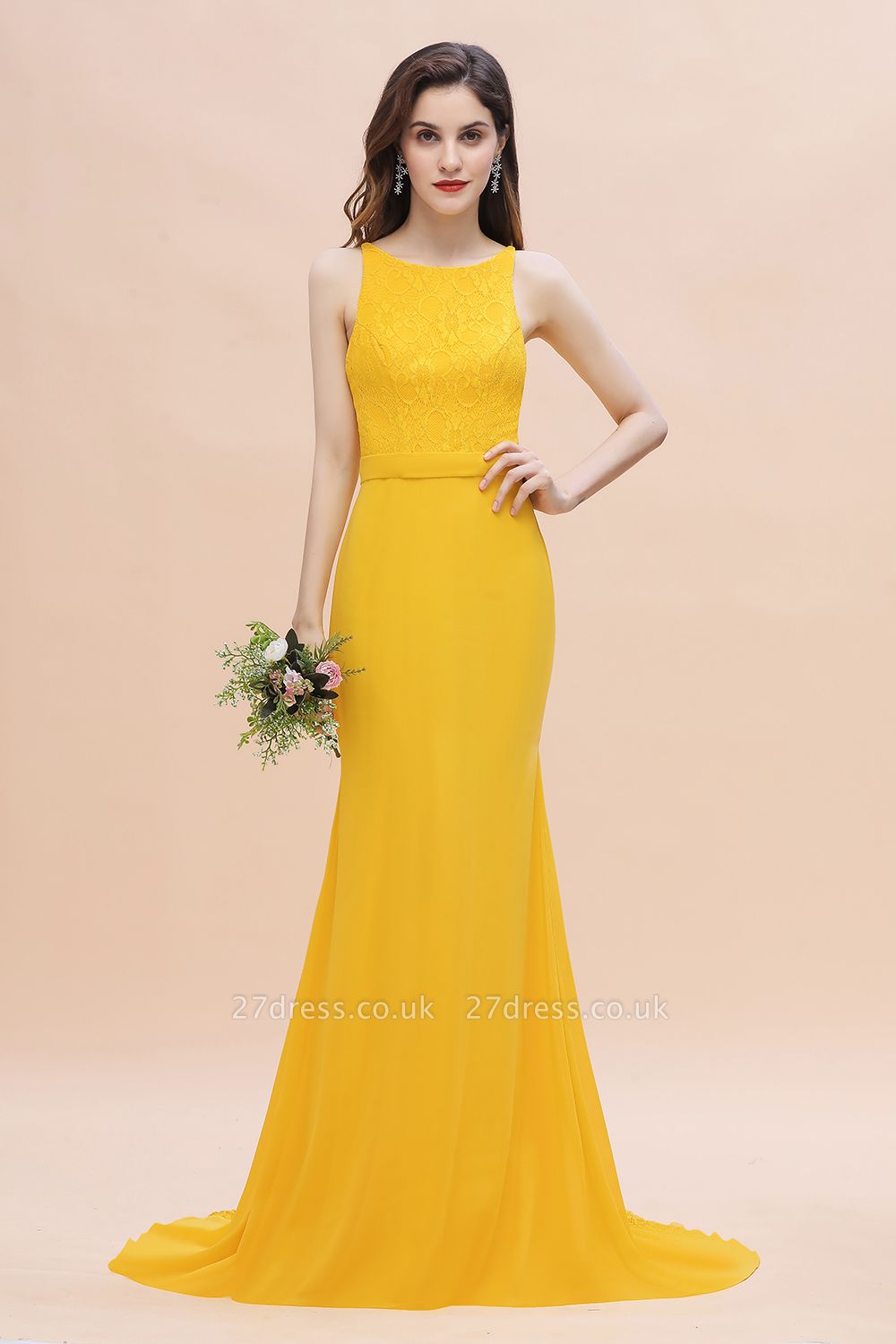 Jewel Neck Mermaid Bridesmaid Dress Yellow Lace Chiffon Long Wedding Party Dress