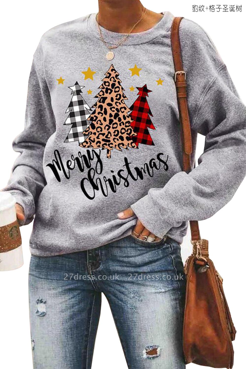 Leopard Printed Plaid Trees Christmas Sweatshirt Long Sleeve Lightweight Pullover Tops Blouse Women