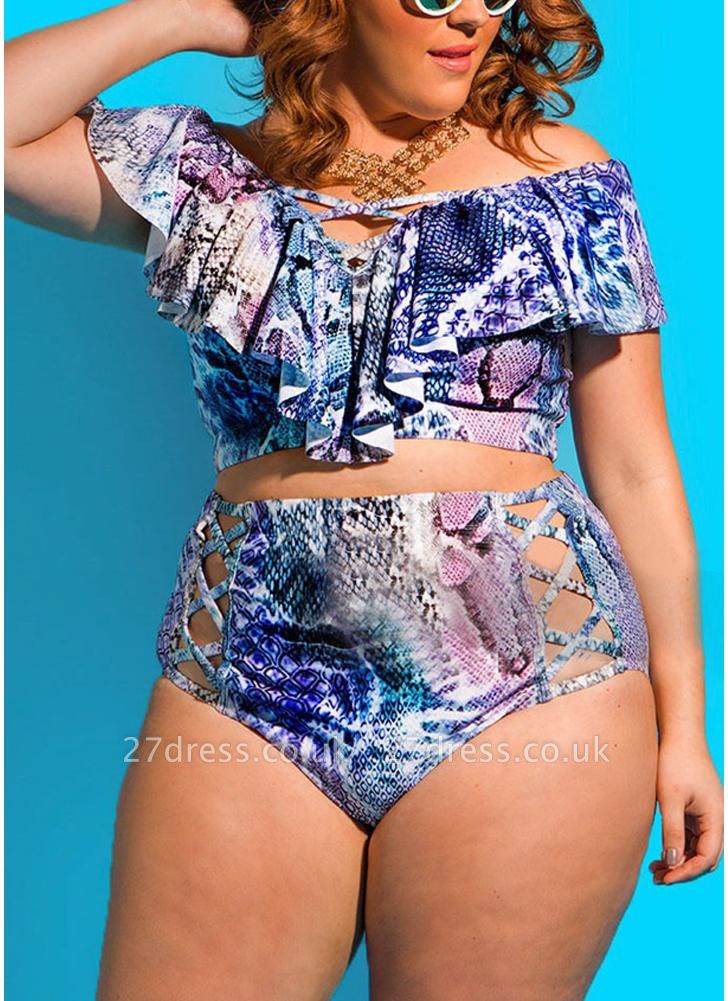 Women Plus Size Sexy Bikini Set Printed Ruffles Hollow Out Push Up Swimsuit  Two Piece