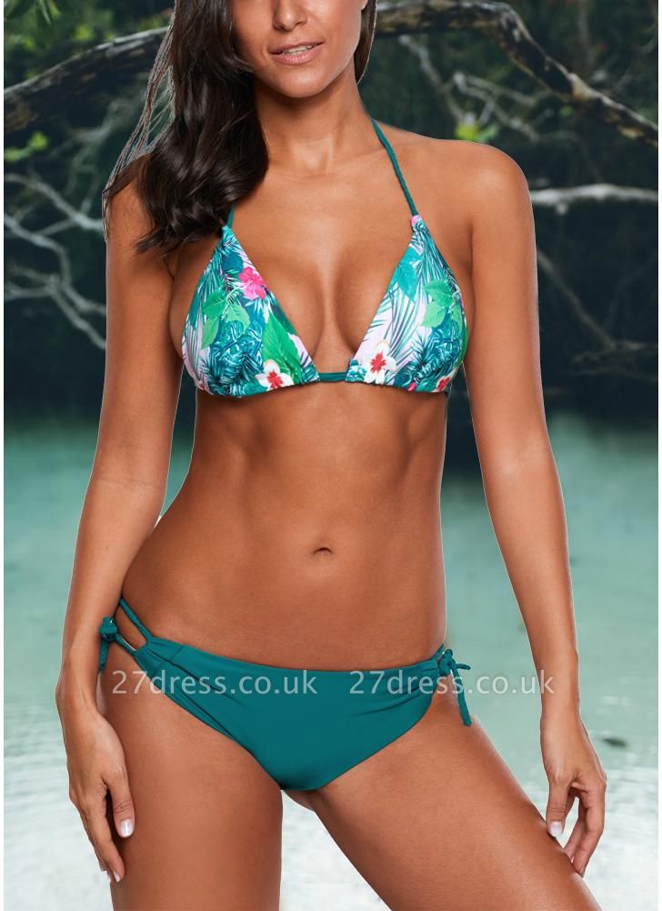 Floral Print Halter Braided Bandage Padded Hollow Out Women Sexy Bikini Set