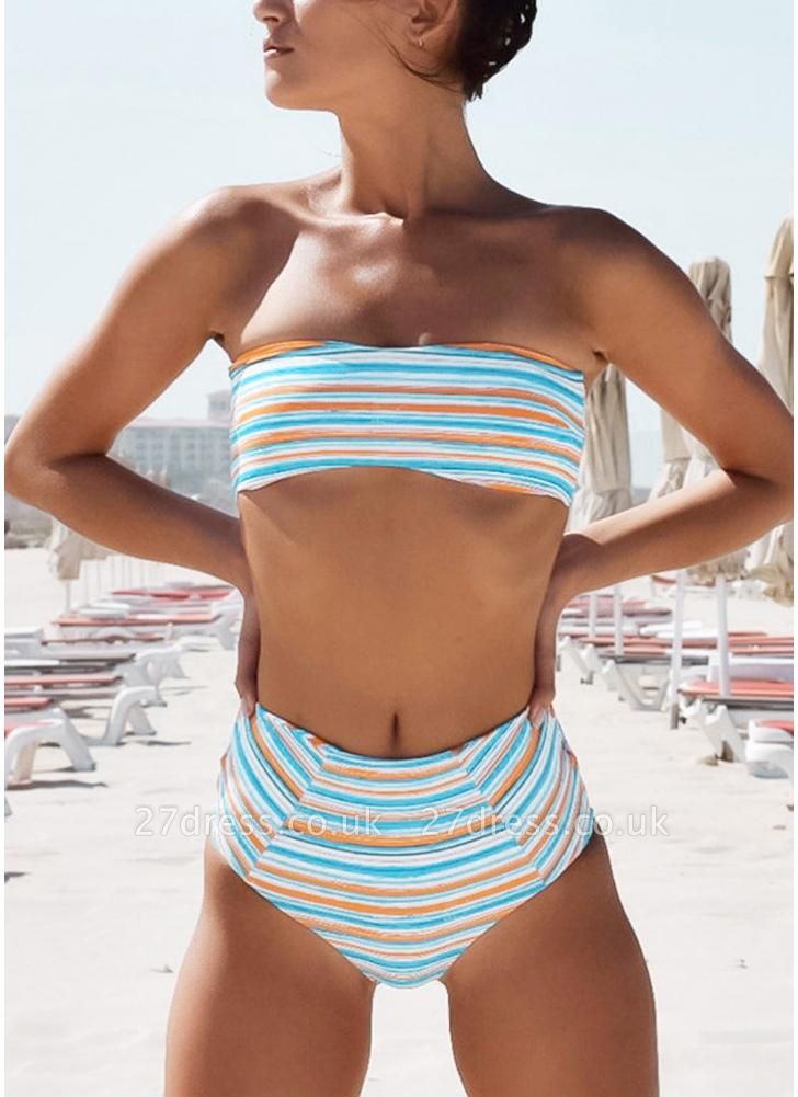 Women Strapless Swimsuit Striped Print Halter Sexy Bikini Set Beach Swimwear Bathing Suit