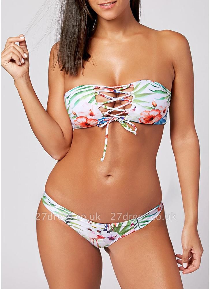 Floral Print Lace Up Off the Shoulder Padded Sexy Bikini Set