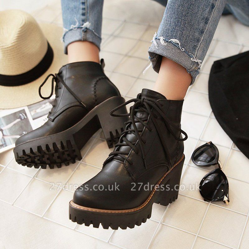 Lace-up Daily Boot for Women Round Toe Chunky Heel Booties