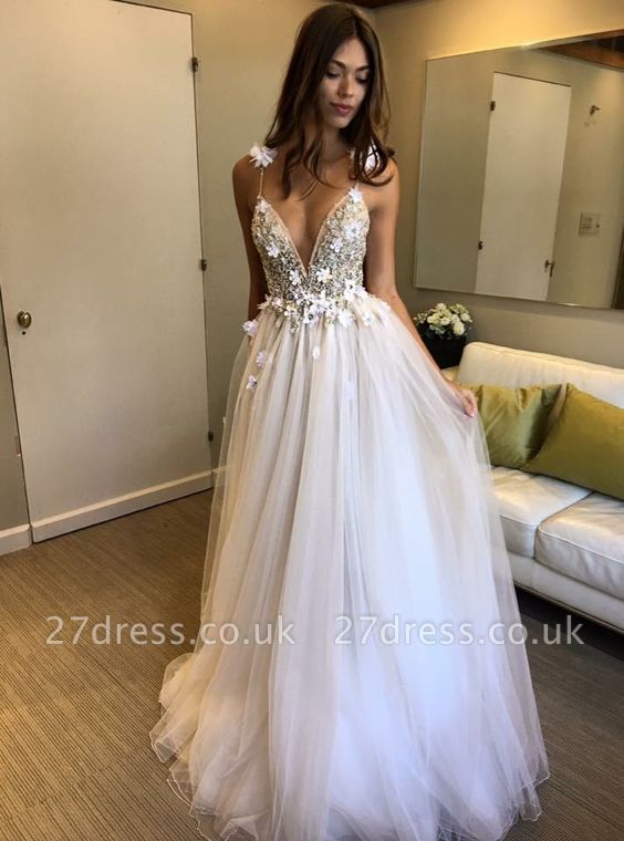 V-Neck A-line Appliques Evening Gowns | Sleeveless Prom Dress UK