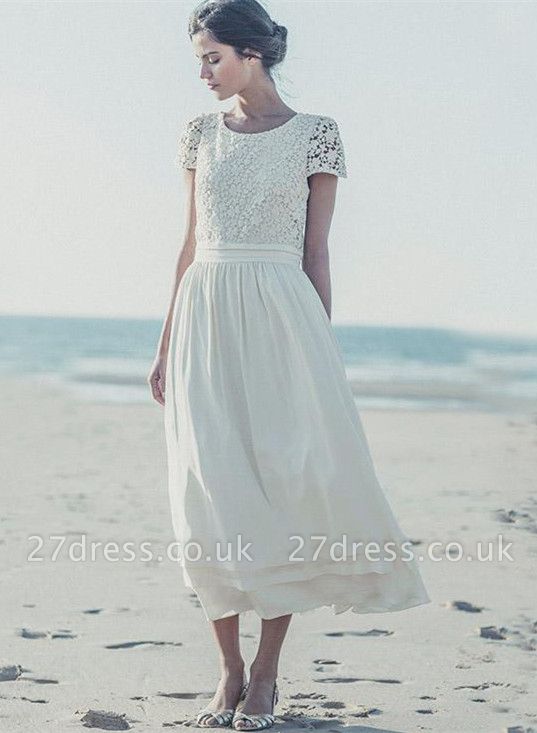 Newest White Lace A-line Wedding Dress Cap Sleeve Tea Length Jewel