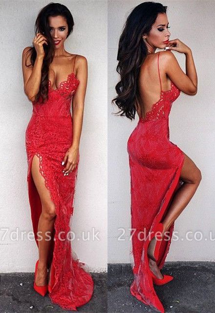 Elegant Red Lace Tight Prom Dress UK Front Split Floor Length